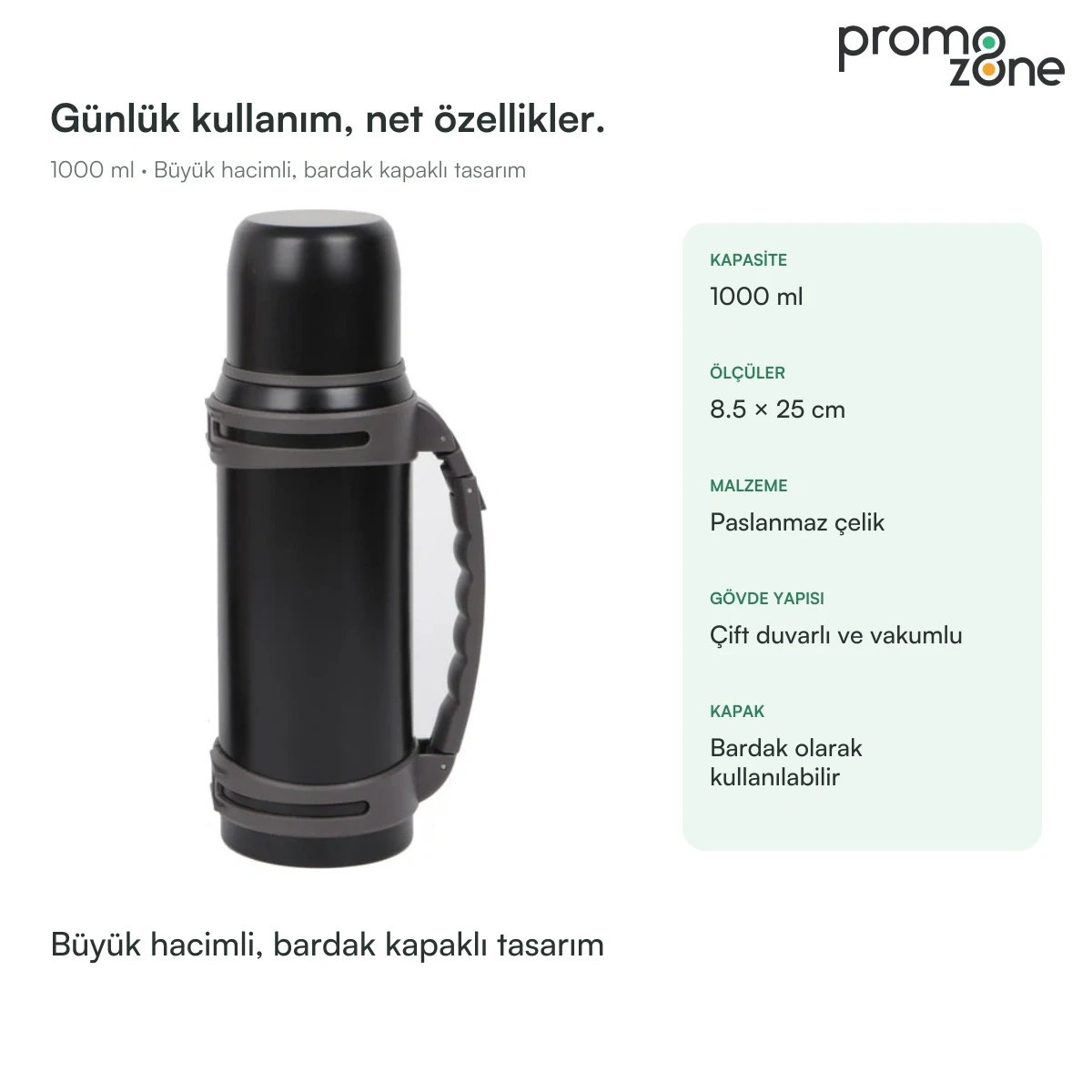 1000 ml Büyük Hacimli Bardak Kapaklı Termos