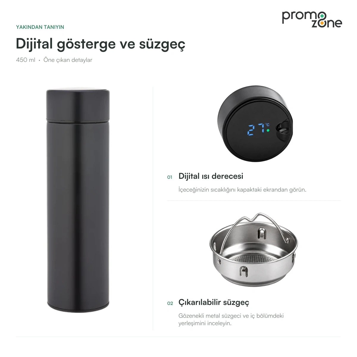 450 ml Dijital Sıcaklık Göstergeli Süzgeçli Termos