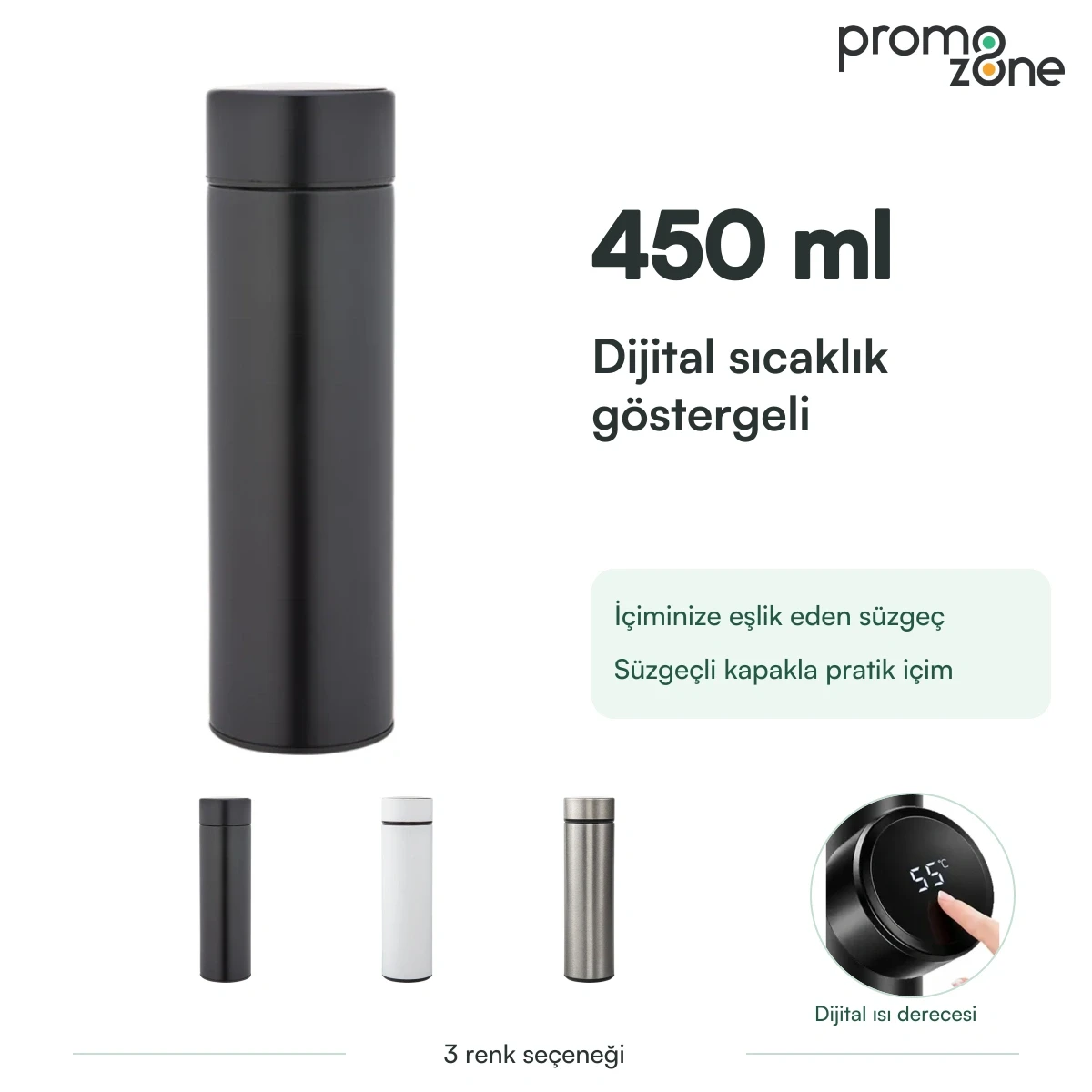 450 ml Dijital Sıcaklık Göstergeli Süzgeçli Termos