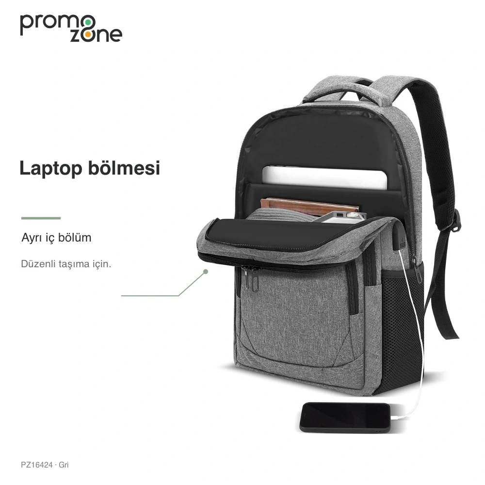 USB Bağlantılı Arka Cepli Laptop Sırt Çantası Promozone