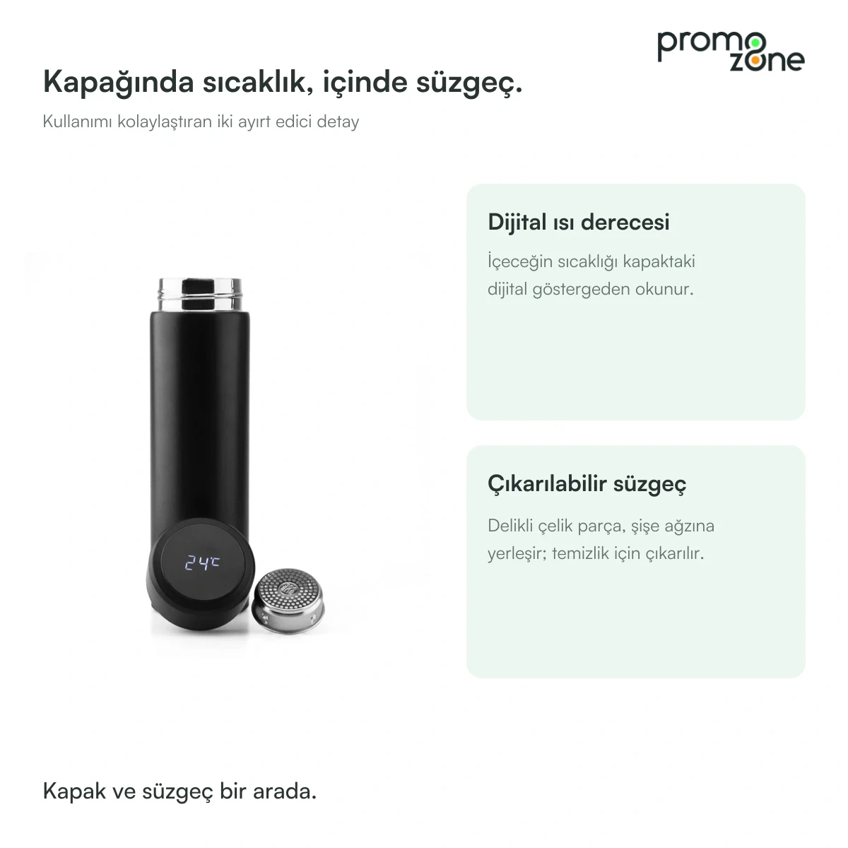 500 ml Dijital Sıcaklık Göstergeli Süzgeçli Siyah Termos Promozone