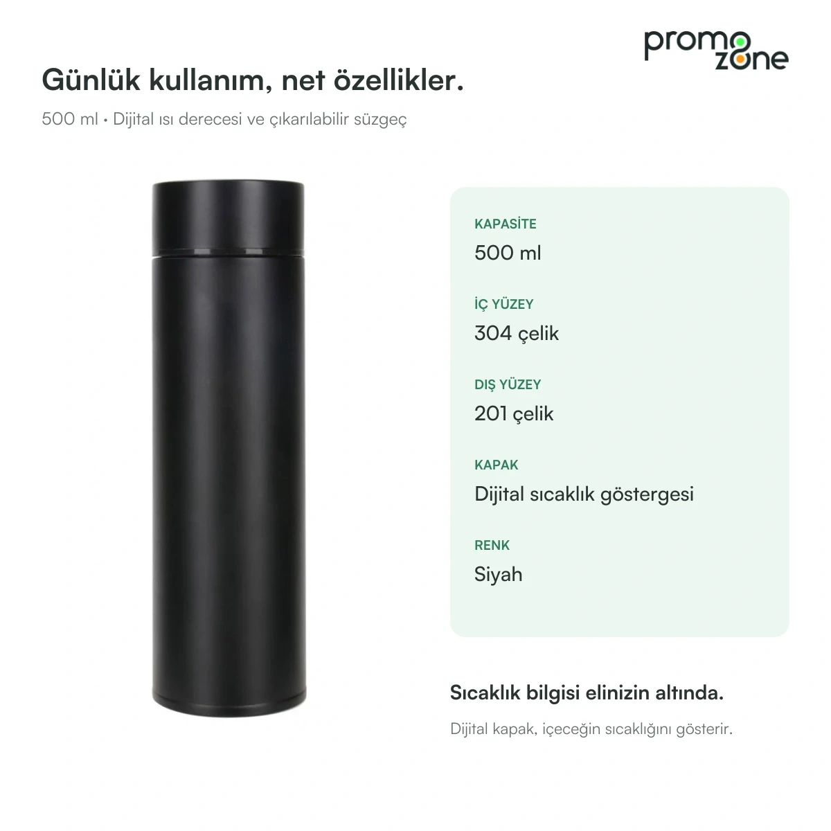 500 ml Dijital Sıcaklık Göstergeli Süzgeçli Siyah Termos Promozone