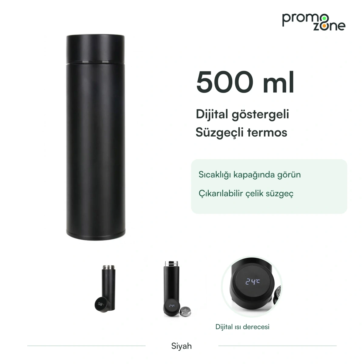 500 ml Dijital Sıcaklık Göstergeli Süzgeçli Siyah Termos Promozone