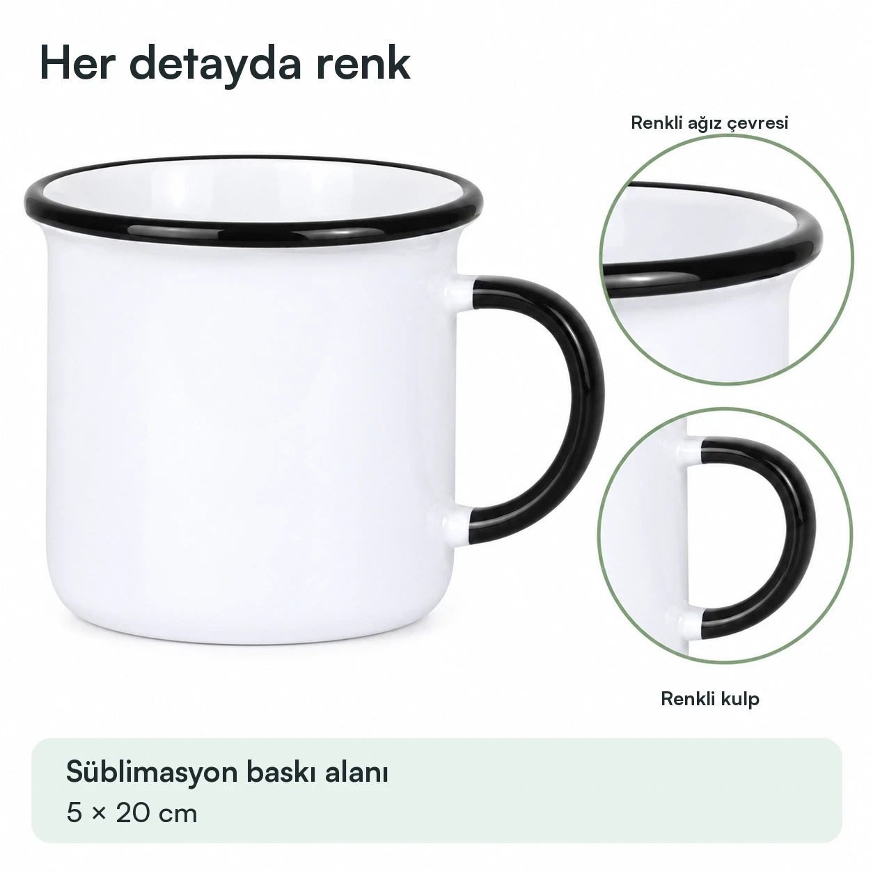 Süblimasyon Kulpu ve Ağız Çevresi Renkli Emaye Tipi Porselen Kupa - Kutulu Promozone