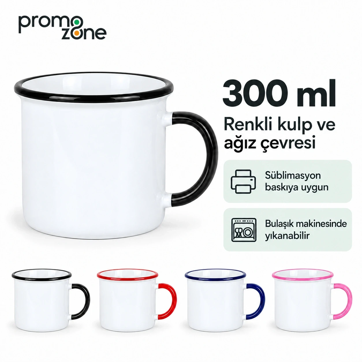 Süblimasyon Kulpu ve Ağız Çevresi Renkli Emaye Tipi Porselen Kupa - Kutulu Promozone