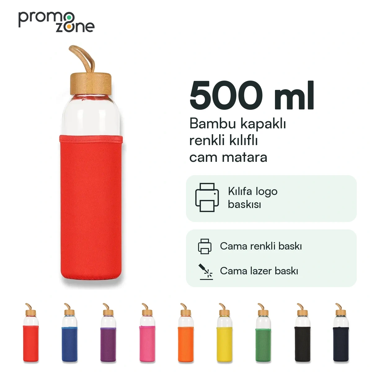 500ml Bambu Kapaklı ve Renkli Kılıflı Cam Su Şişesi