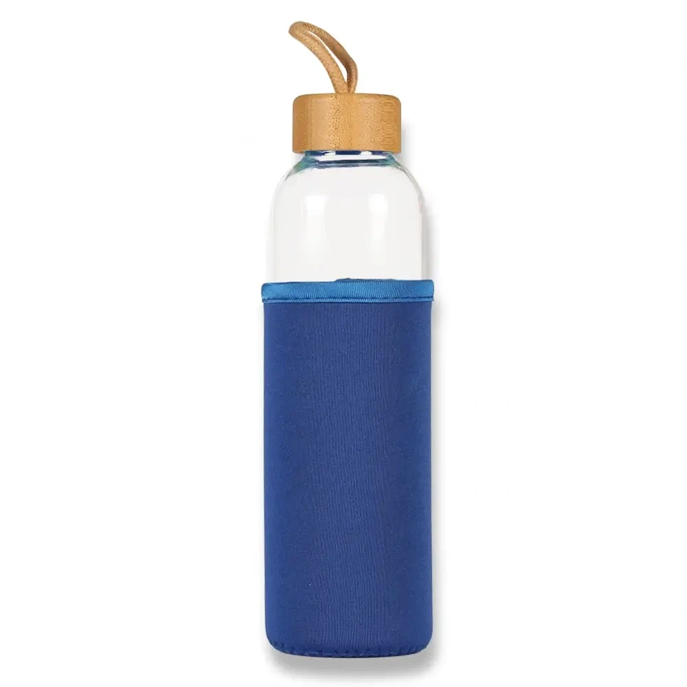 500ml Bambu Kapaklı ve Renkli Kılıflı Cam Su Şişesi Promozone