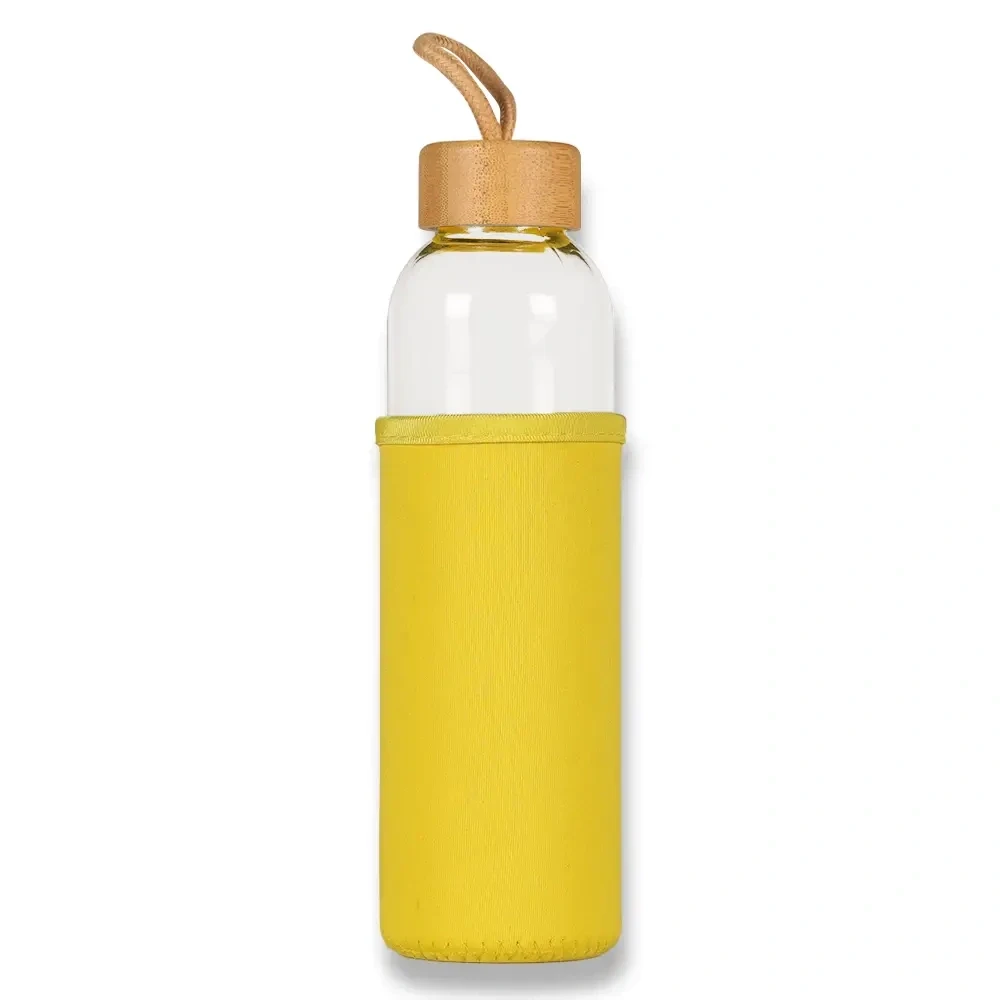 500ml Bambu Kapaklı ve Renkli Kılıflı Cam Su Şişesi Promozone