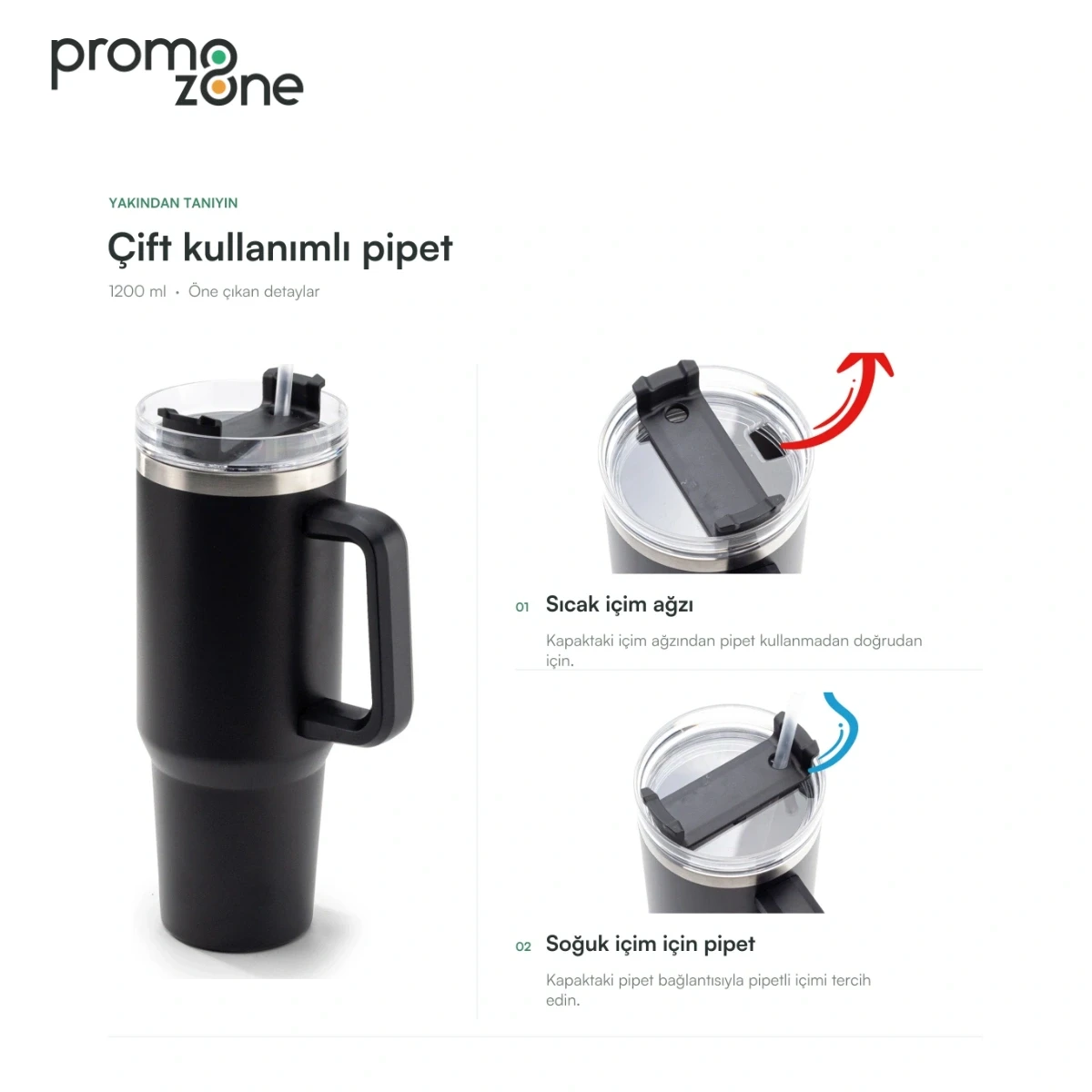 1200 ml Çift İçim Kapaklı Pipetli Termos