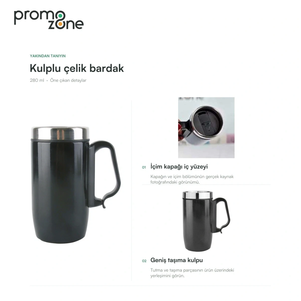 280 ml Kulplu Paslanmaz Çelik Termos Bardak — özelliklerin yakından görünümü