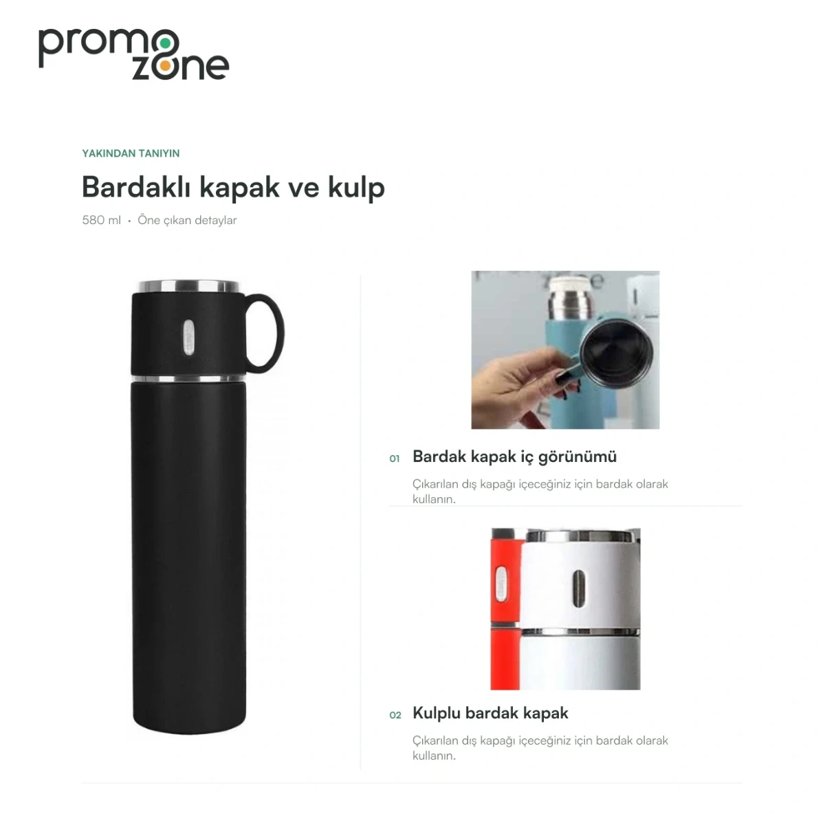 580 ml Bardak Kapaklı Kulplu Termos Bardak Promozone