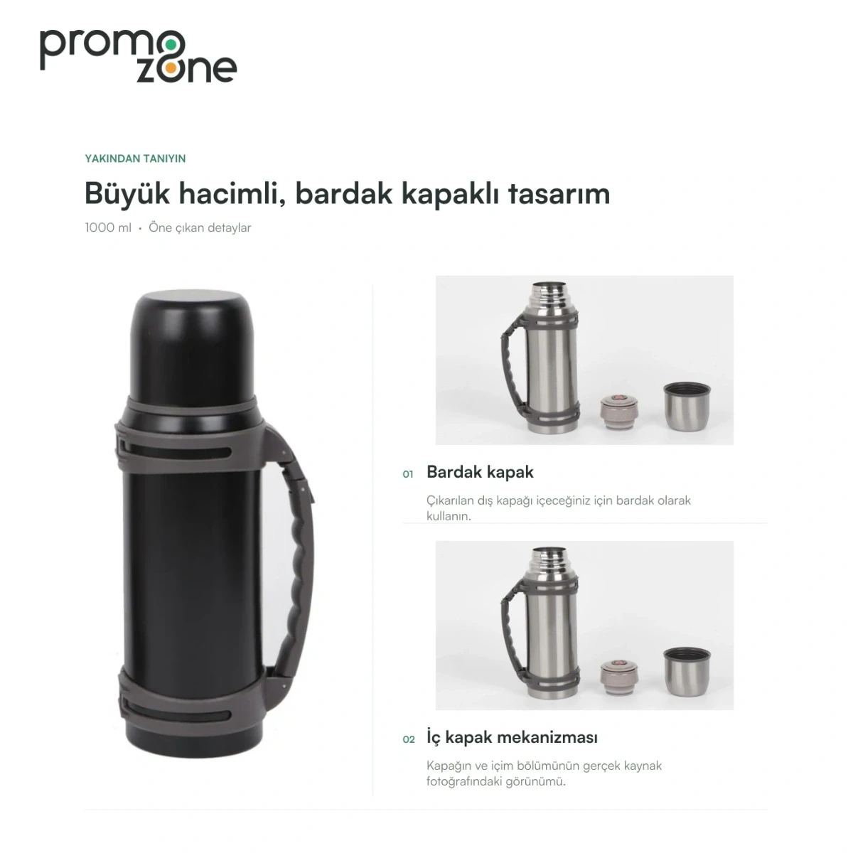1000 ml Büyük Hacimli Bardak Kapaklı Termos