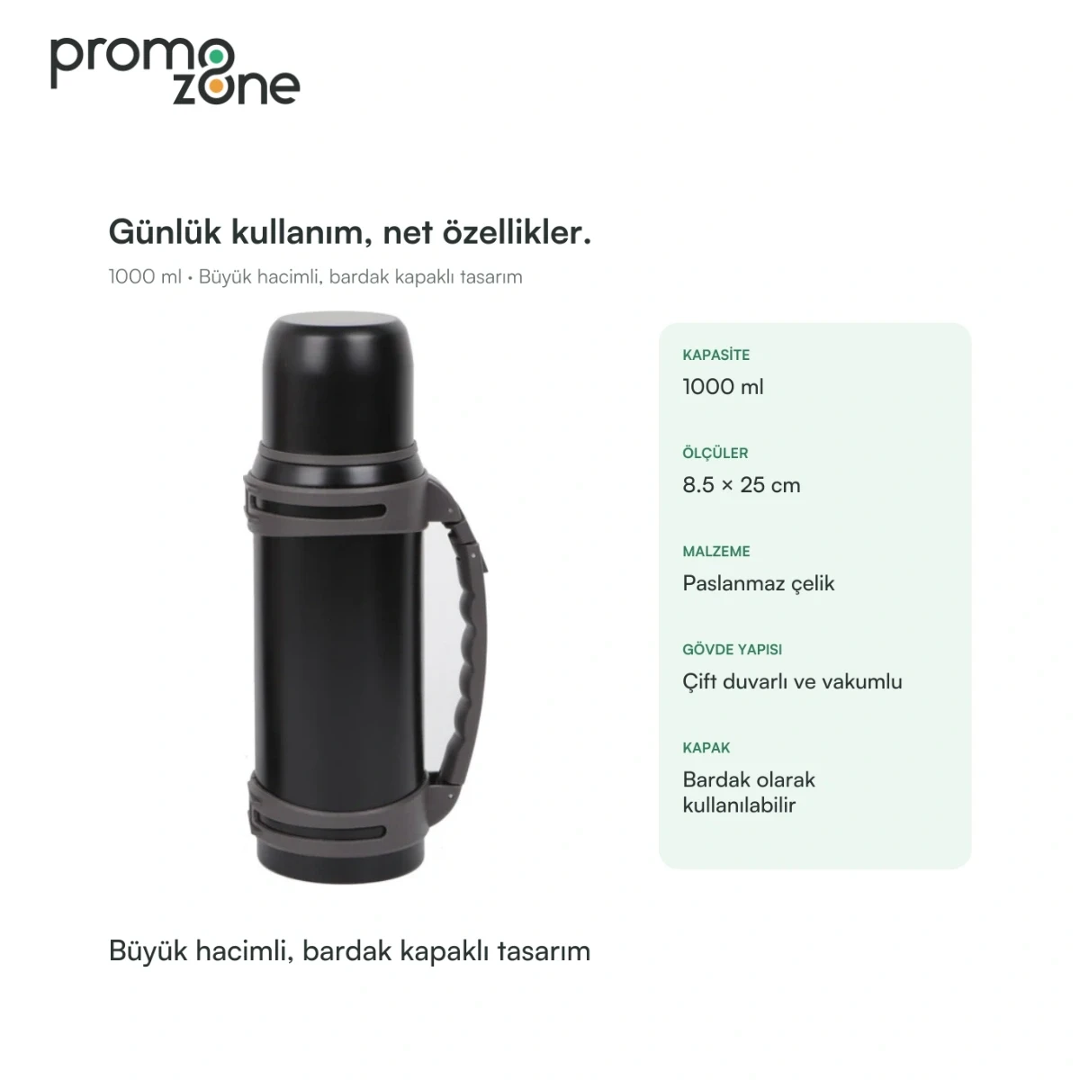 1000 ml Büyük Hacimli Bardak Kapaklı Termos