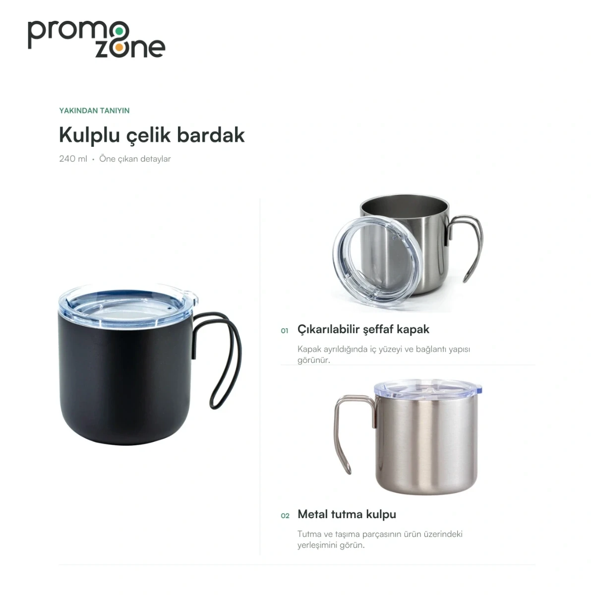 240 ml Kulplu Paslanmaz Çelik Bardak
