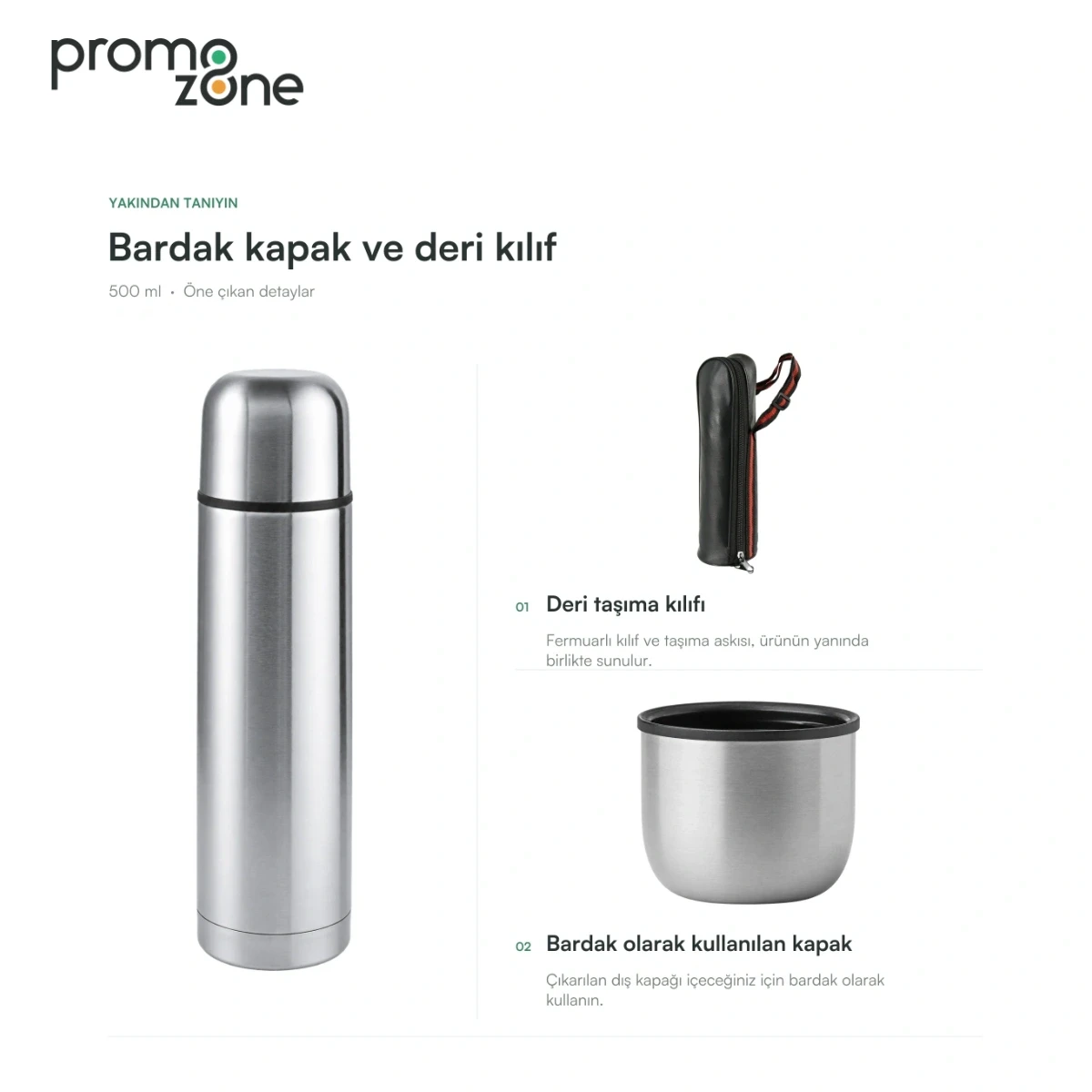 500 ml Bardak Kapaklı Deri Kılıflı Termos Bardak Promozone
