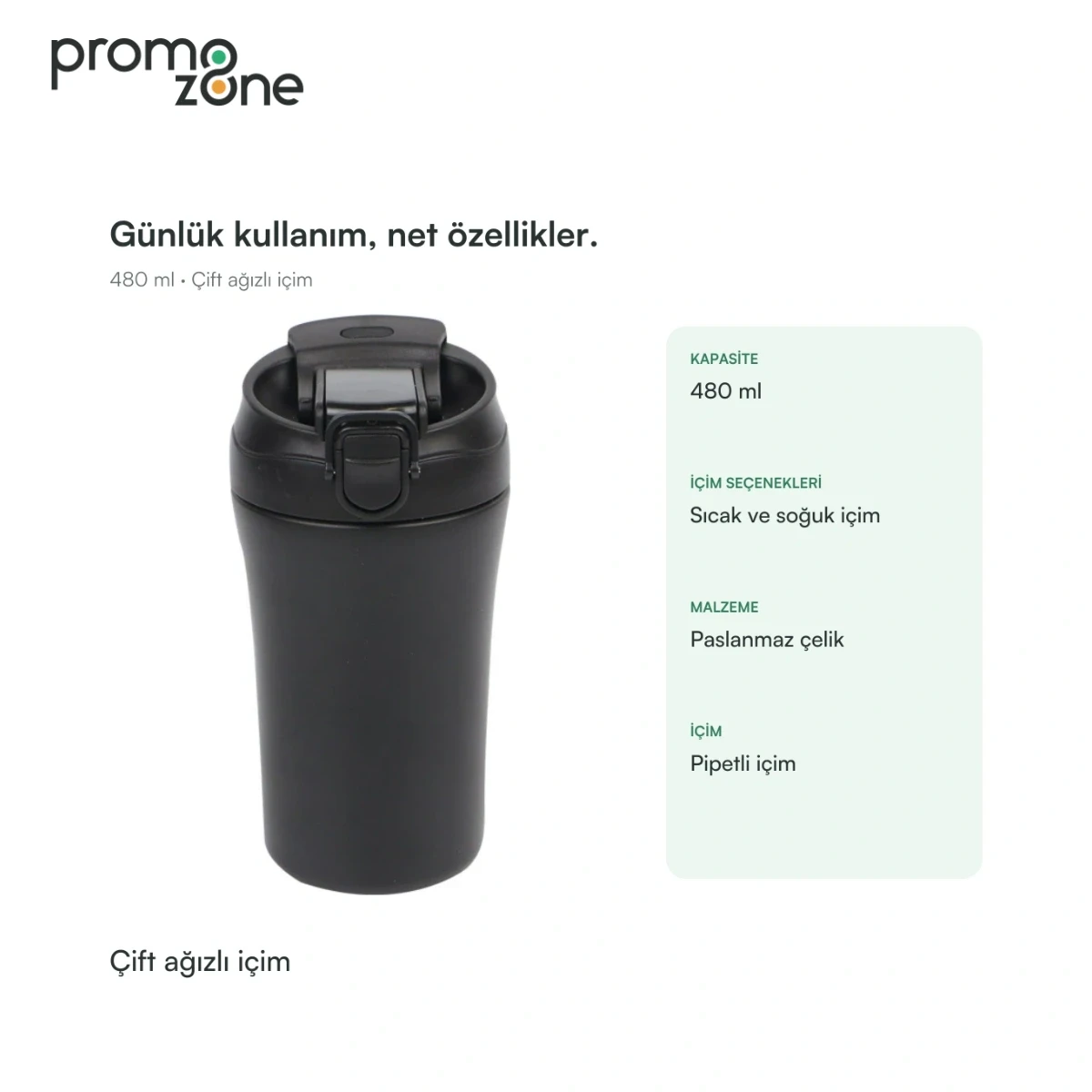 480 ml Çift Ağızlı Sıcak ve Soğuk İçimli Termos Bardak Promozone