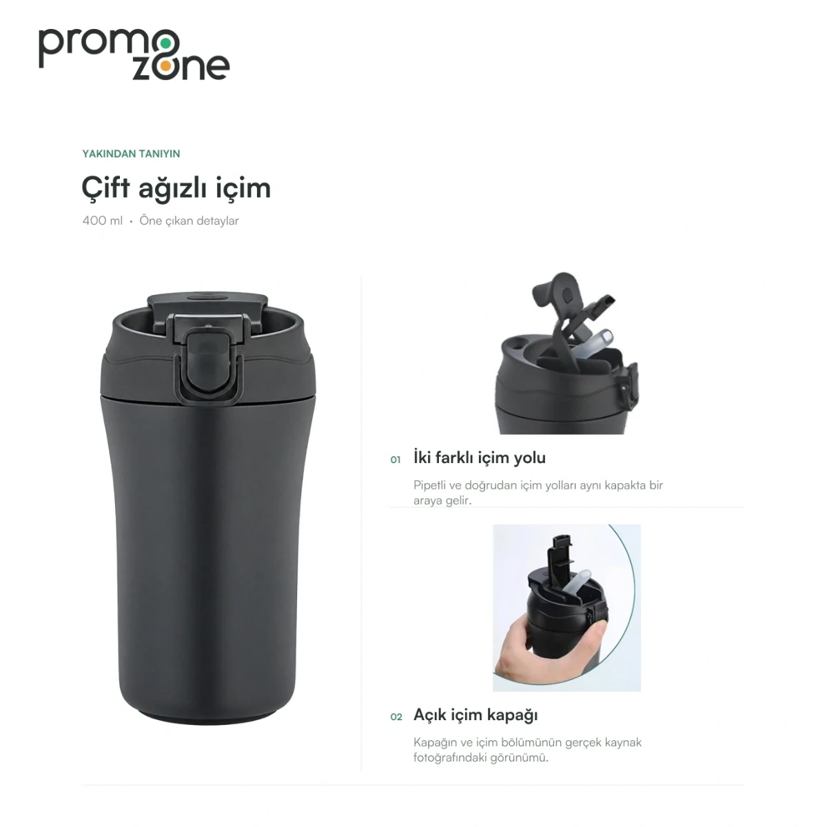400 ml Çift Ağızlı Sıcak ve Soğuk İçimli Termos Bardak