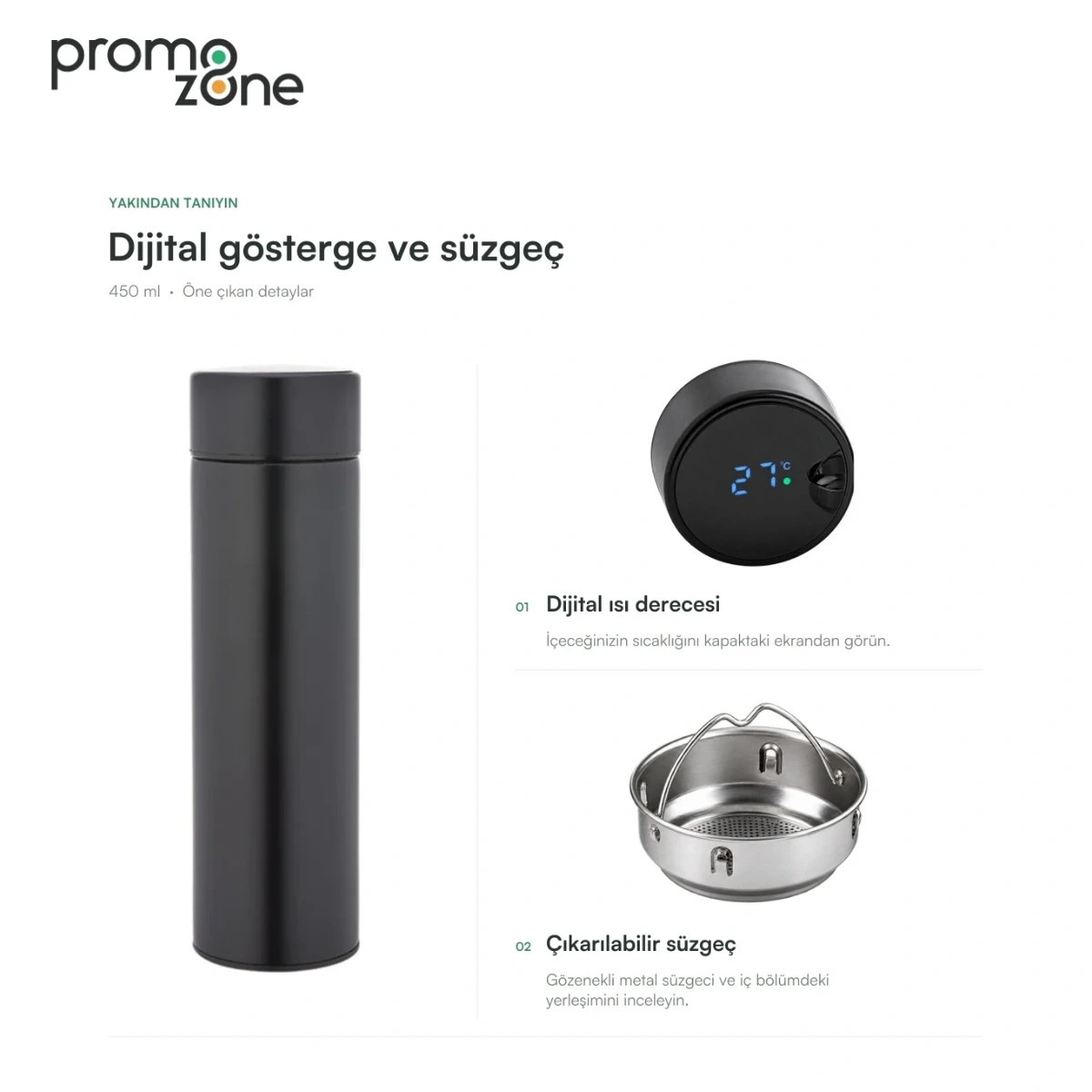 450 ml Dijital Sıcaklık Göstergeli Süzgeçli Termos