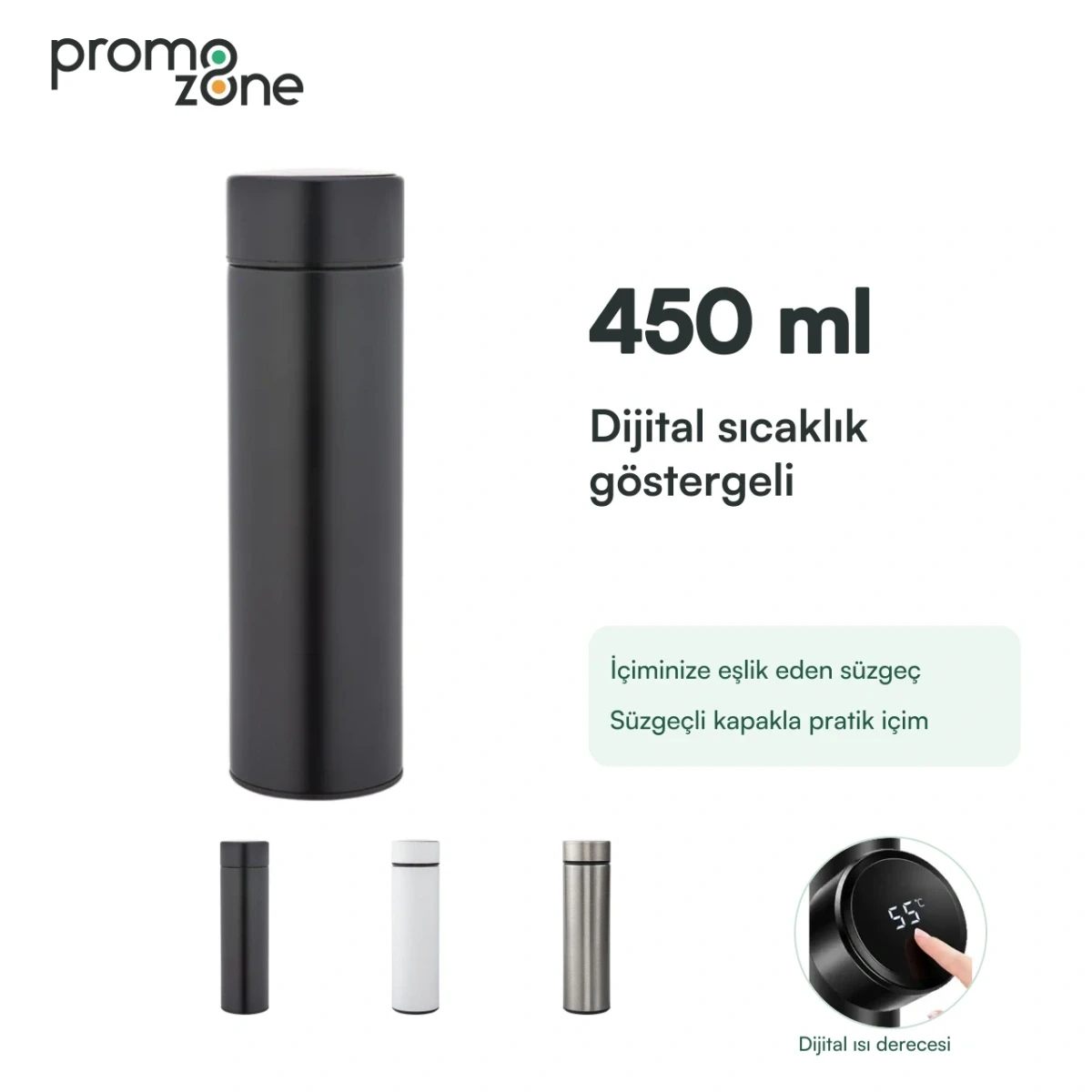450 ml Dijital Sıcaklık Göstergeli Süzgeçli Termos