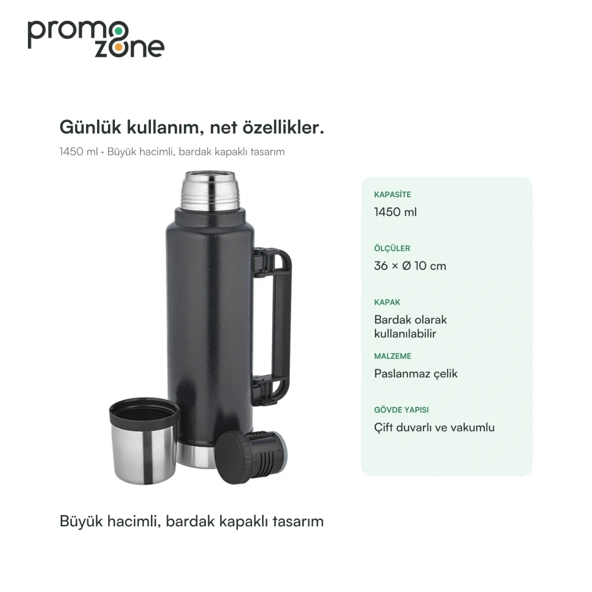 1450 ml Büyük Hacimli Bardak Kapaklı Termos
