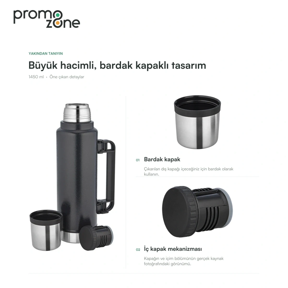 1450 ml Büyük Hacimli Bardak Kapaklı Termos