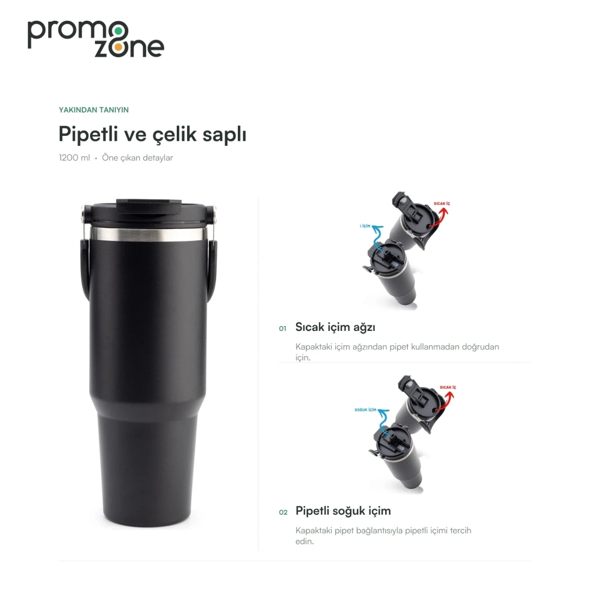 1200 ml Pipetli Çelik Saplı Termos