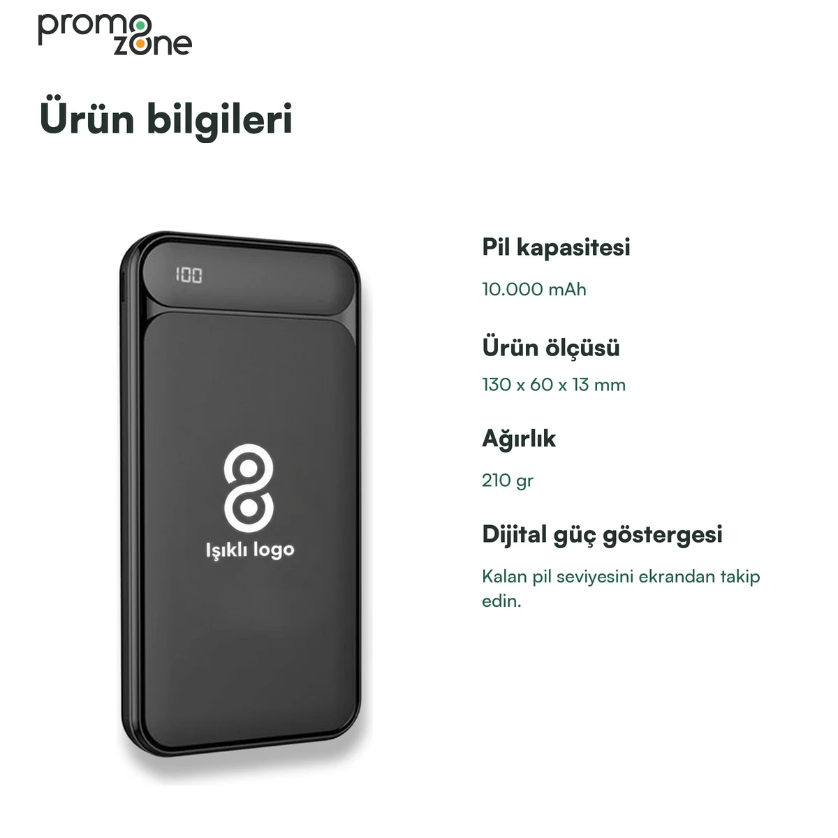 10.000 mAh Işıklı Logolu Powerbank (LED Logo + Yüzde Gösterge + Çift USB Çıkışlı