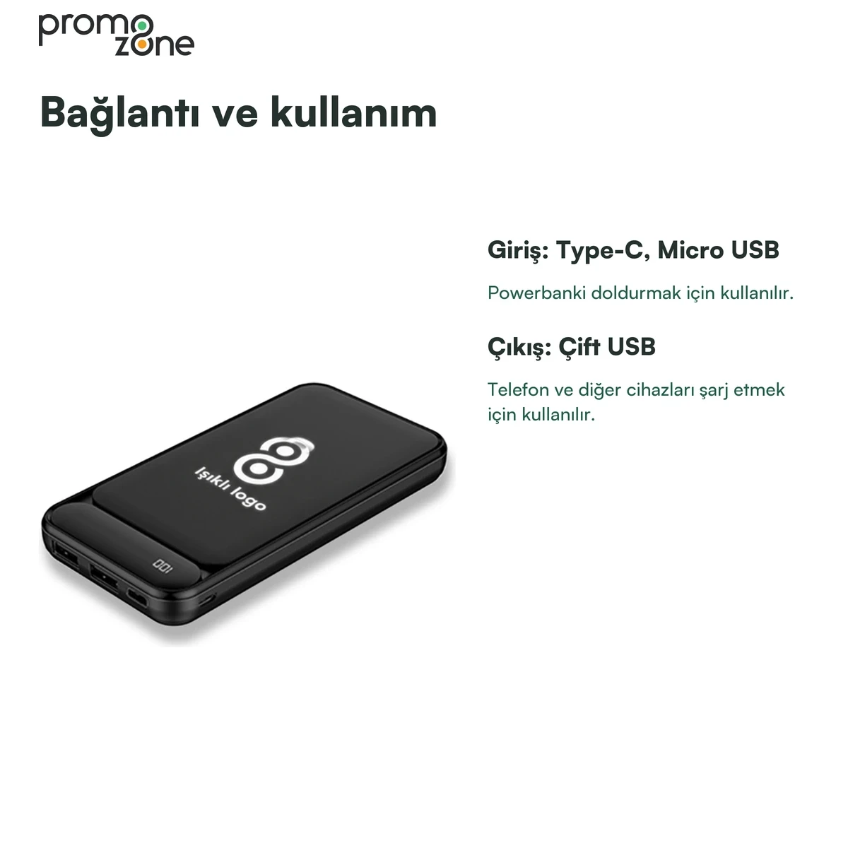 10.000 mAh Işıklı Logolu Powerbank (LED Logo + Yüzde Gösterge + Çift USB Çıkışlı