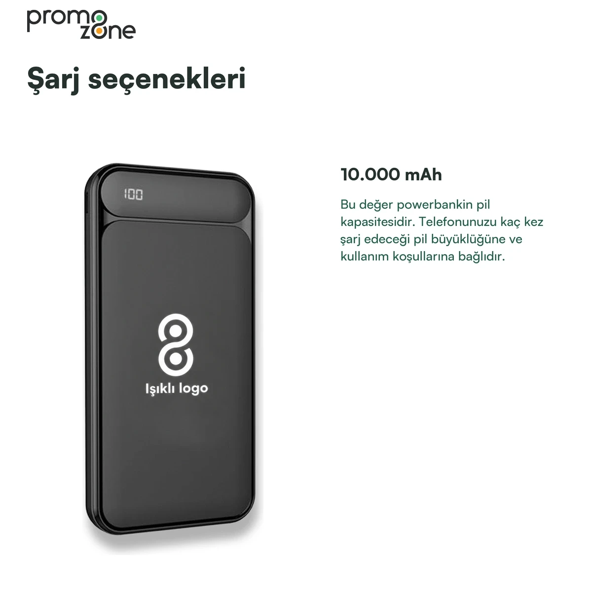 10.000 mAh Işıklı Logolu Powerbank (LED Logo + Yüzde Gösterge + Çift USB Çıkışlı