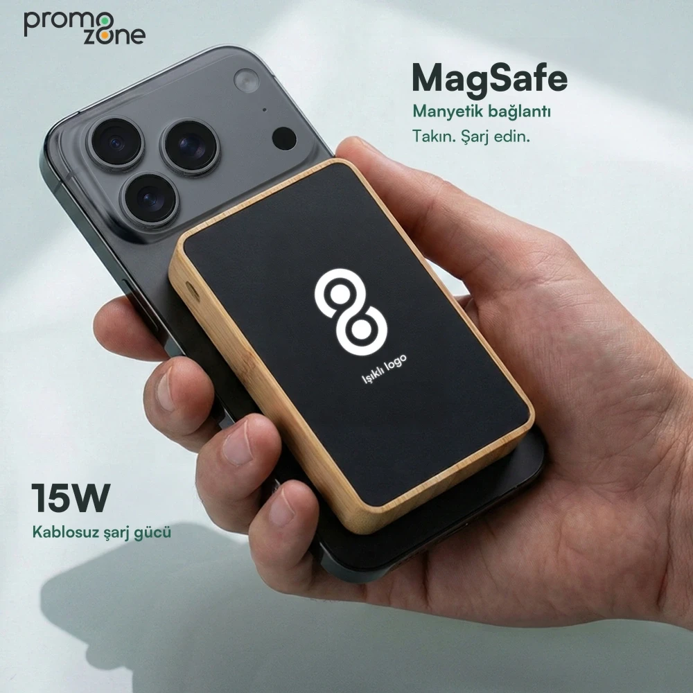 10000 mAh Magsafe Işıklı 22.5W Hızlı Sarjlı 15W Hızlı Wireless Bambu Powerbank