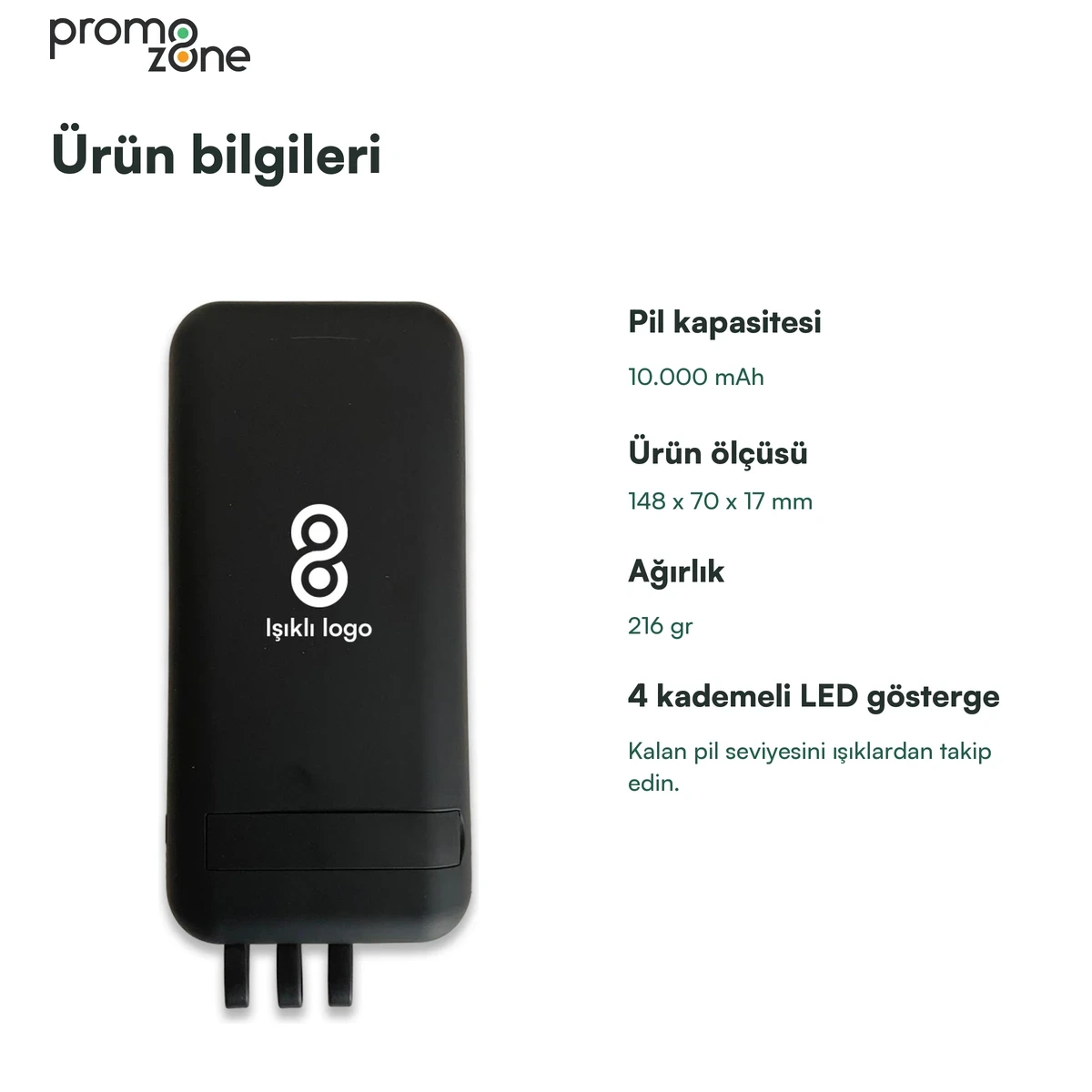 10000 mAh Dahili Kablolu Wireless Işıklı Logolu Powerbank  Şarj Cihazı