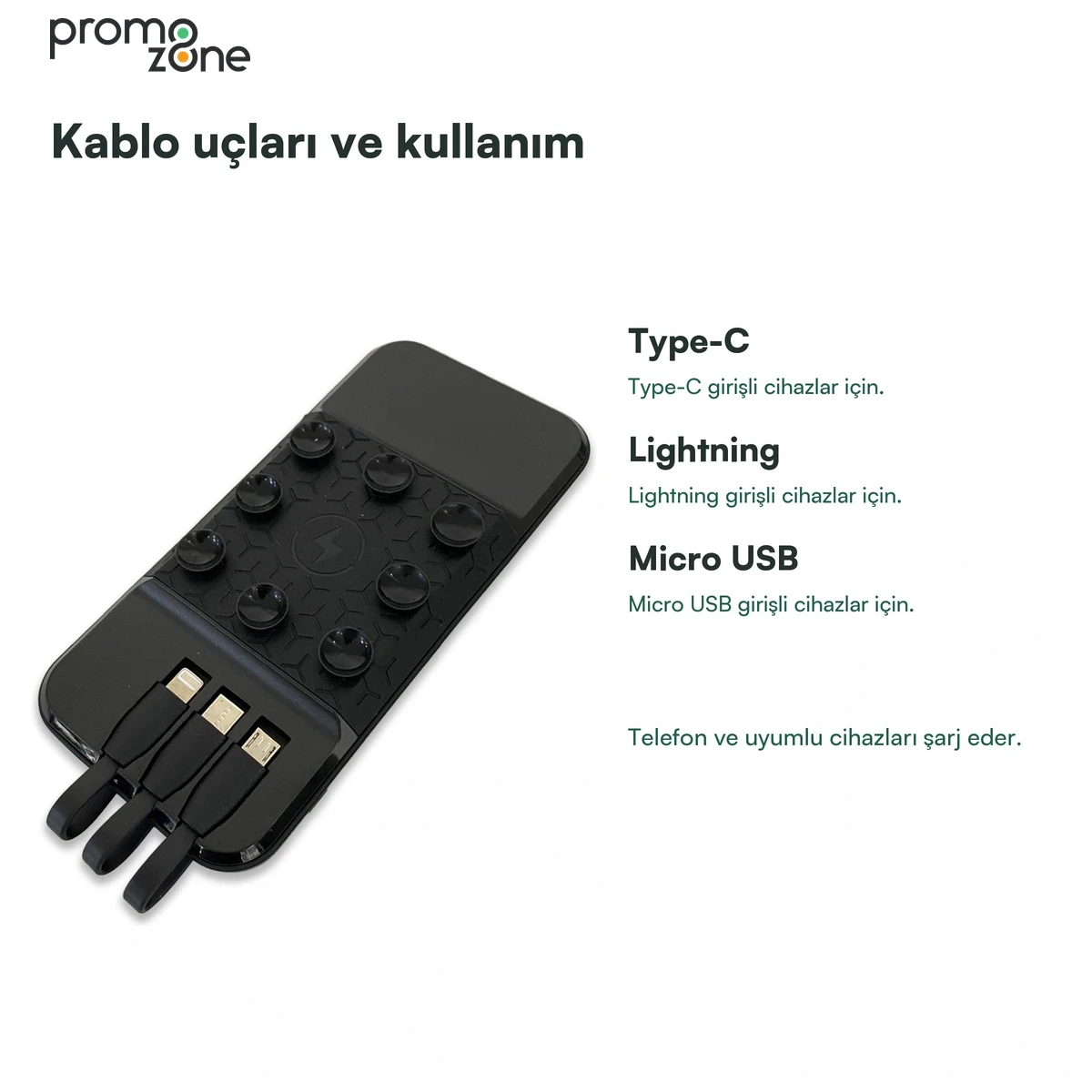 10000 mAh Dahili Kablolu Wireless Işıklı Logolu Powerbank  Şarj Cihazı
