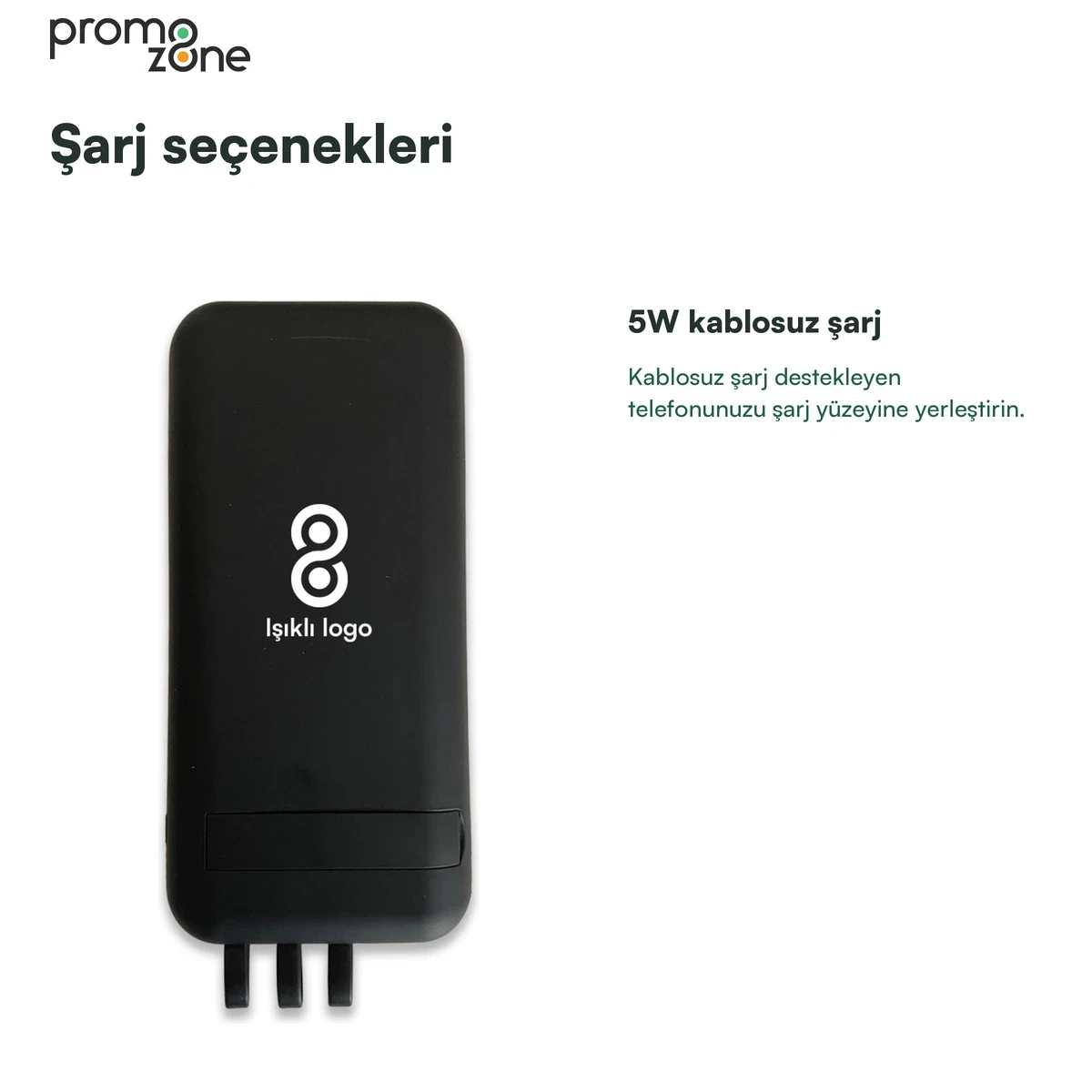 10000 mAh Dahili Kablolu Wireless Işıklı Logolu Powerbank  Şarj Cihazı