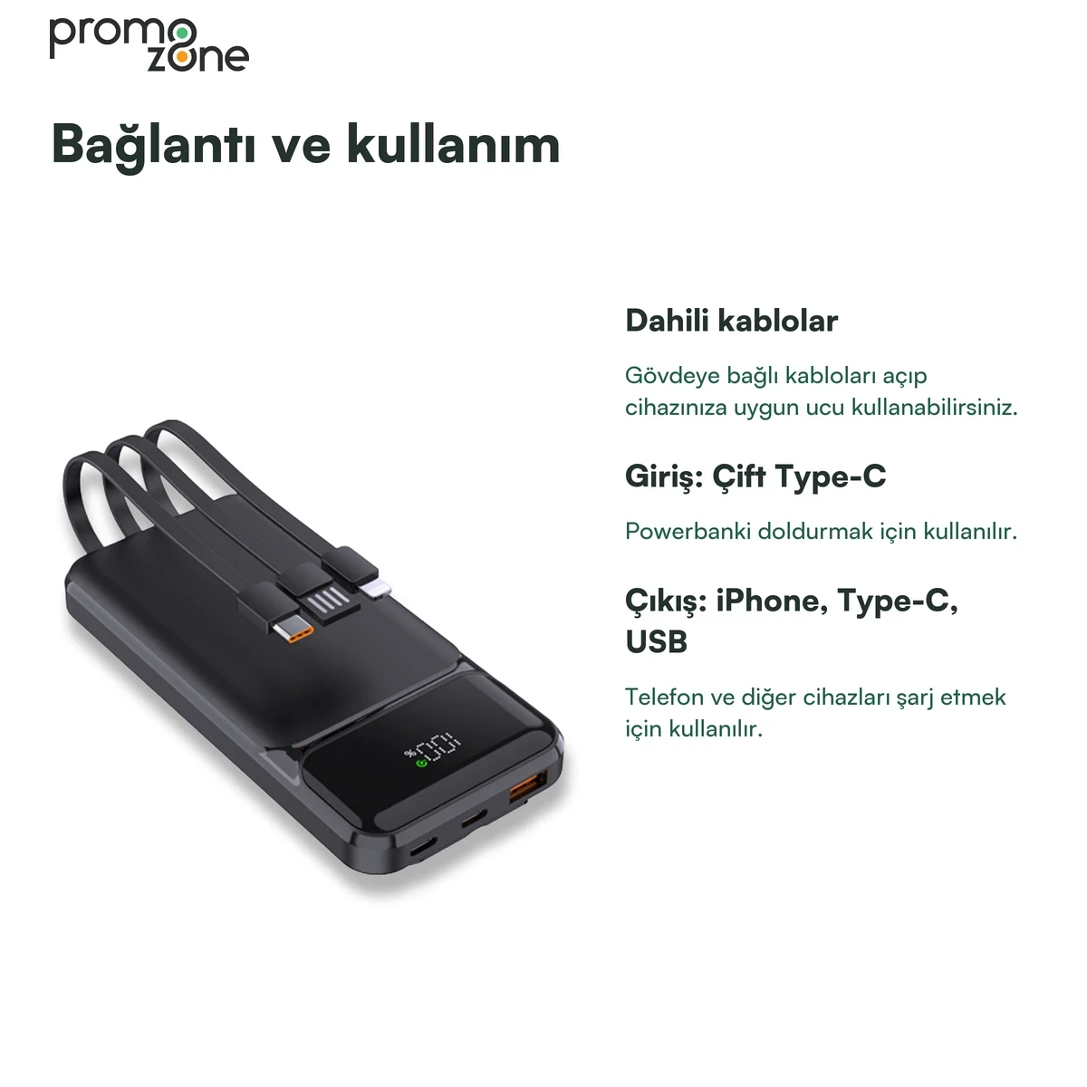 10.000 mAh Dahili Kablolu 22.5W Hızlı Şarj Destekli Powerbank