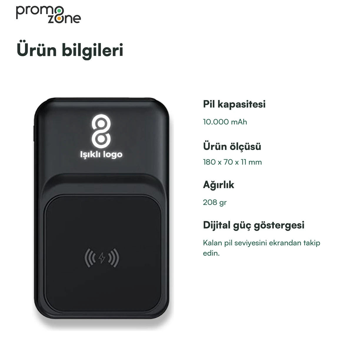 10.000 mAh 22.5W Hızlı Şarj, 15W Kablosuz Şarj ve Işıklı Logo Powerbank