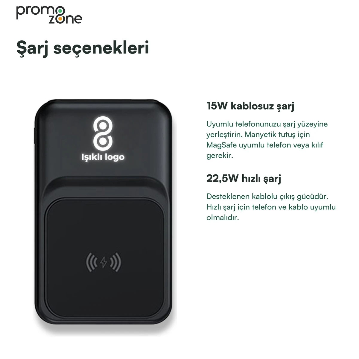 10.000 mAh 22.5W Hızlı Şarj, 15W Kablosuz Şarj ve Işıklı Logo Powerbank