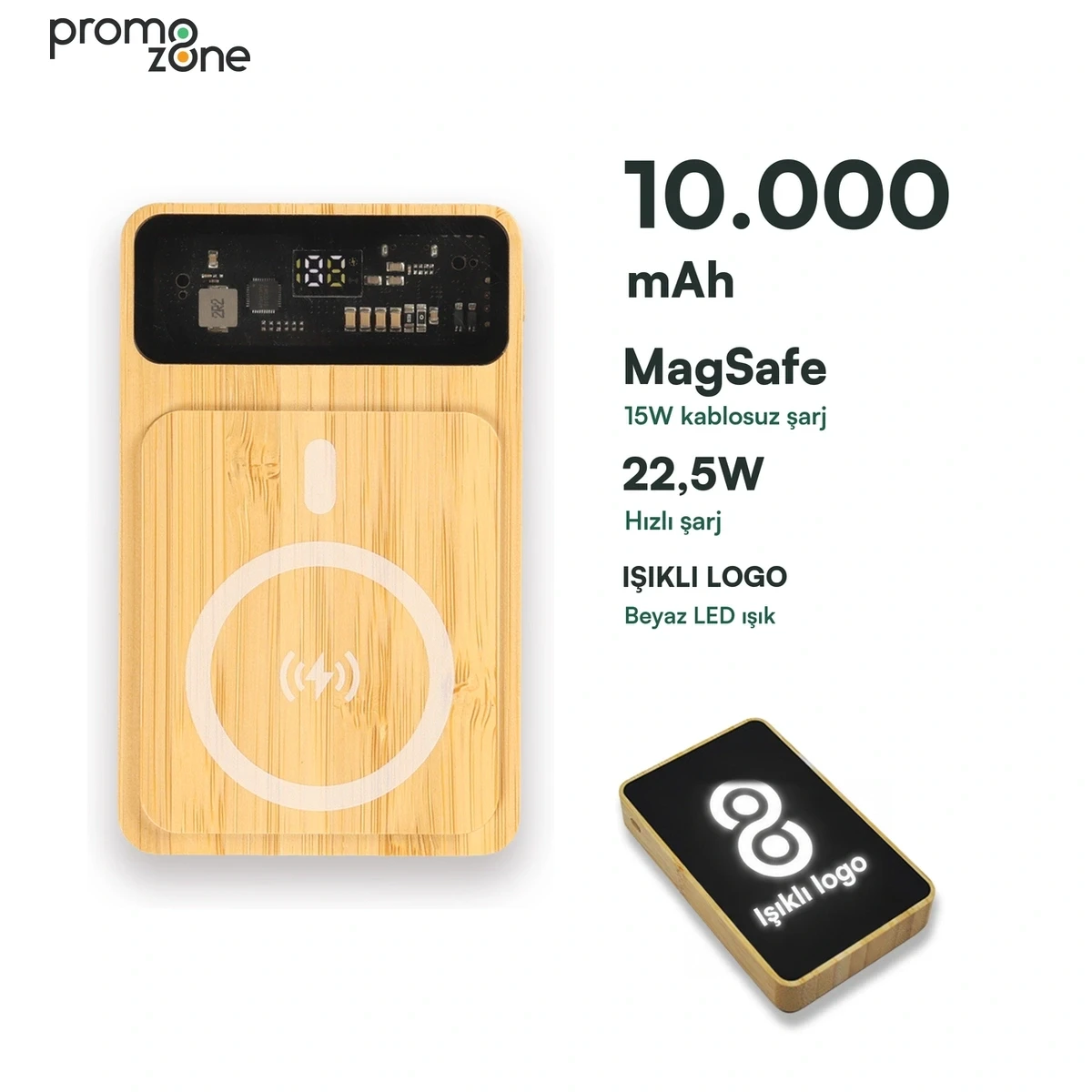10000 mAh Magsafe Işıklı 22.5W Hızlı Sarjlı 15W Hızlı Wireless Bambu Powerbank