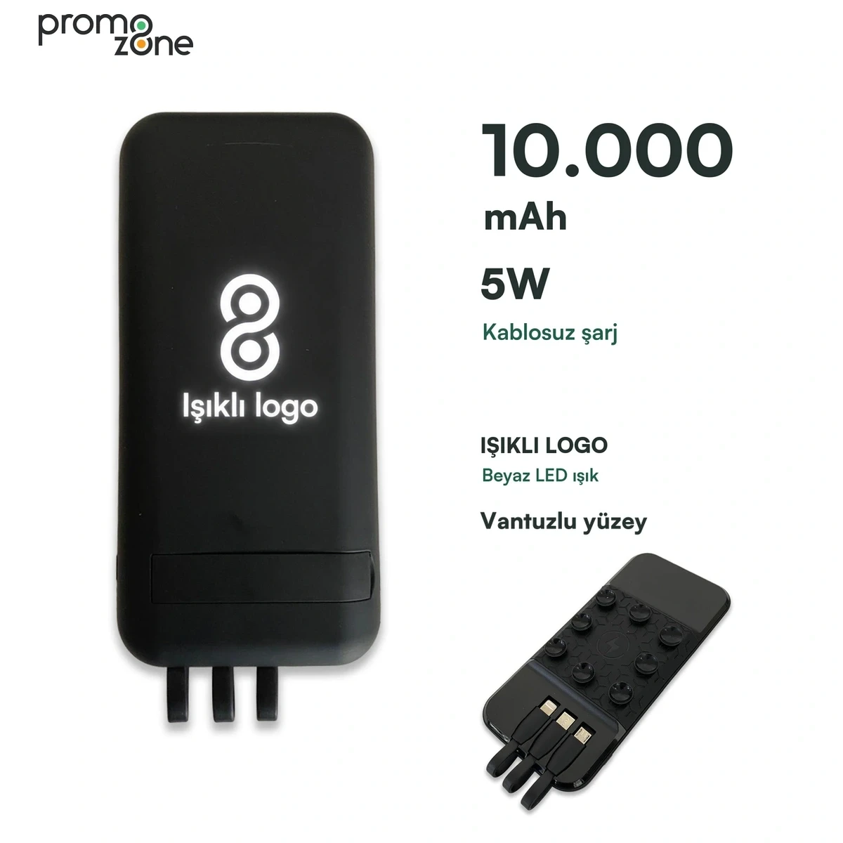 10000 mAh Dahili Kablolu Wireless Işıklı Logolu Powerbank  Şarj Cihazı
