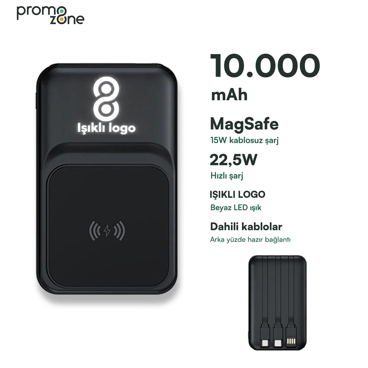 10.000 mAh 22.5W Hızlı Şarj, 15W Kablosuz Şarj ve Işıklı Logo Powerbank