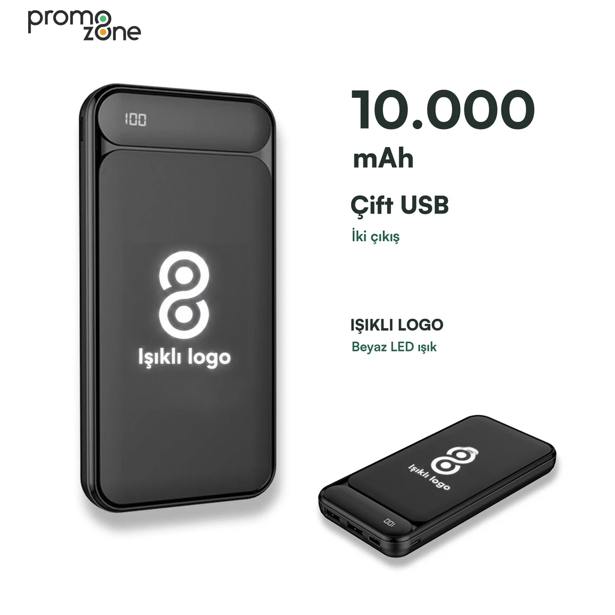 10.000 mAh Işıklı Logolu Powerbank (LED Logo + Yüzde Gösterge + Çift USB Çıkışlı