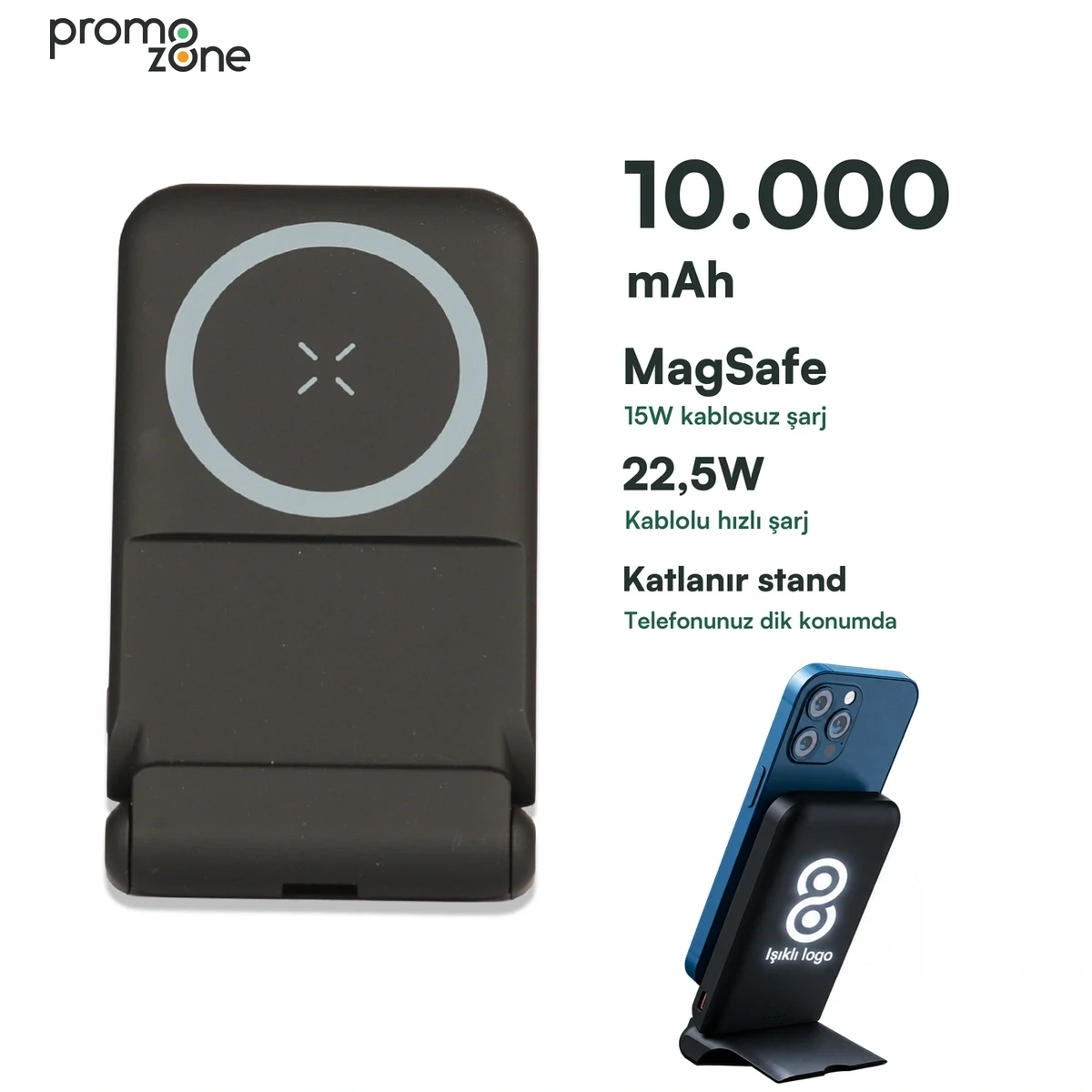 LED Işıklı Logo MagSafe Powerbank 10.000 mAh (22,5W Hızlı Şarj / 15W Wireless Şarj)