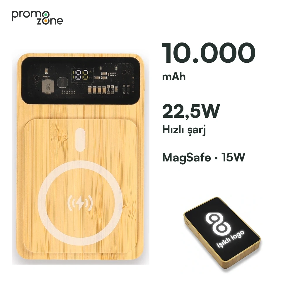 10000 mAh Magsafe Işıklı 22.5W Hızlı Sarjlı 15W Hızlı Wireless Bambu Powerbank