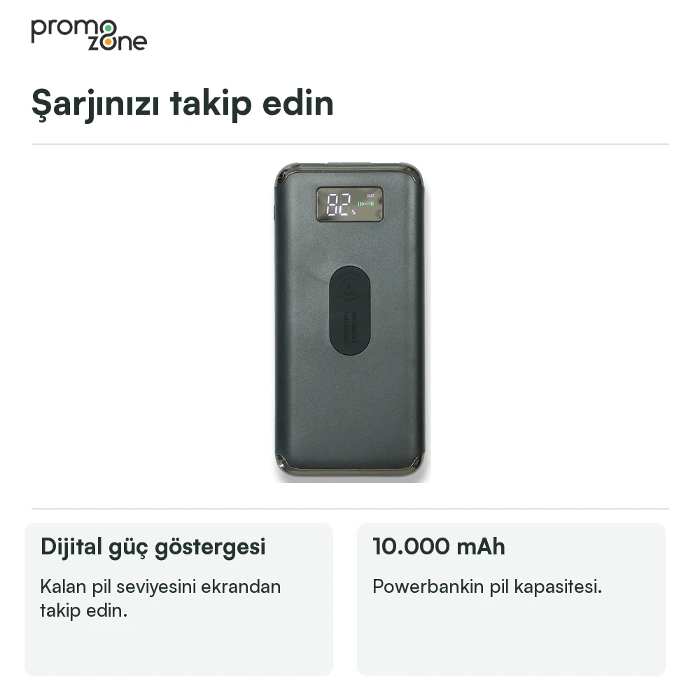 10.000 mAh Wireless Kablosuz Şarj Özellikli Dijital Ekranlı Powerbank