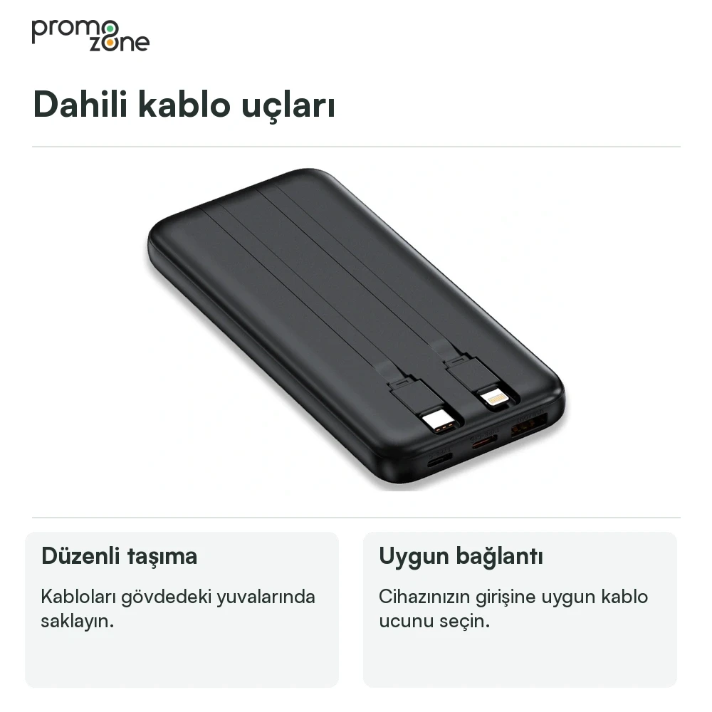 10000 mAh Dahili Kablolu Powerbank Şarj Cihazı Promozone