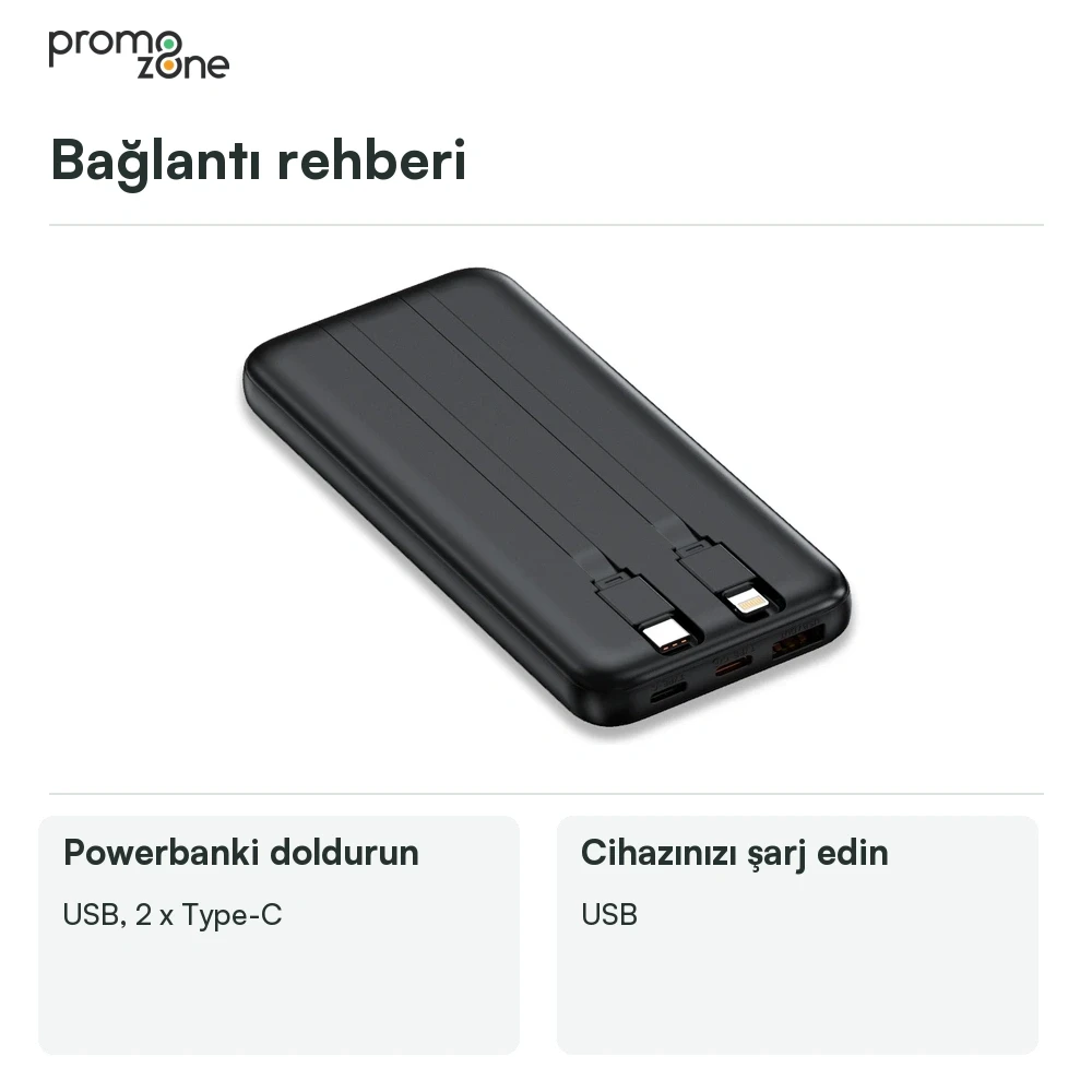 10000 mAh Dahili Kablolu Powerbank Şarj Cihazı Promozone