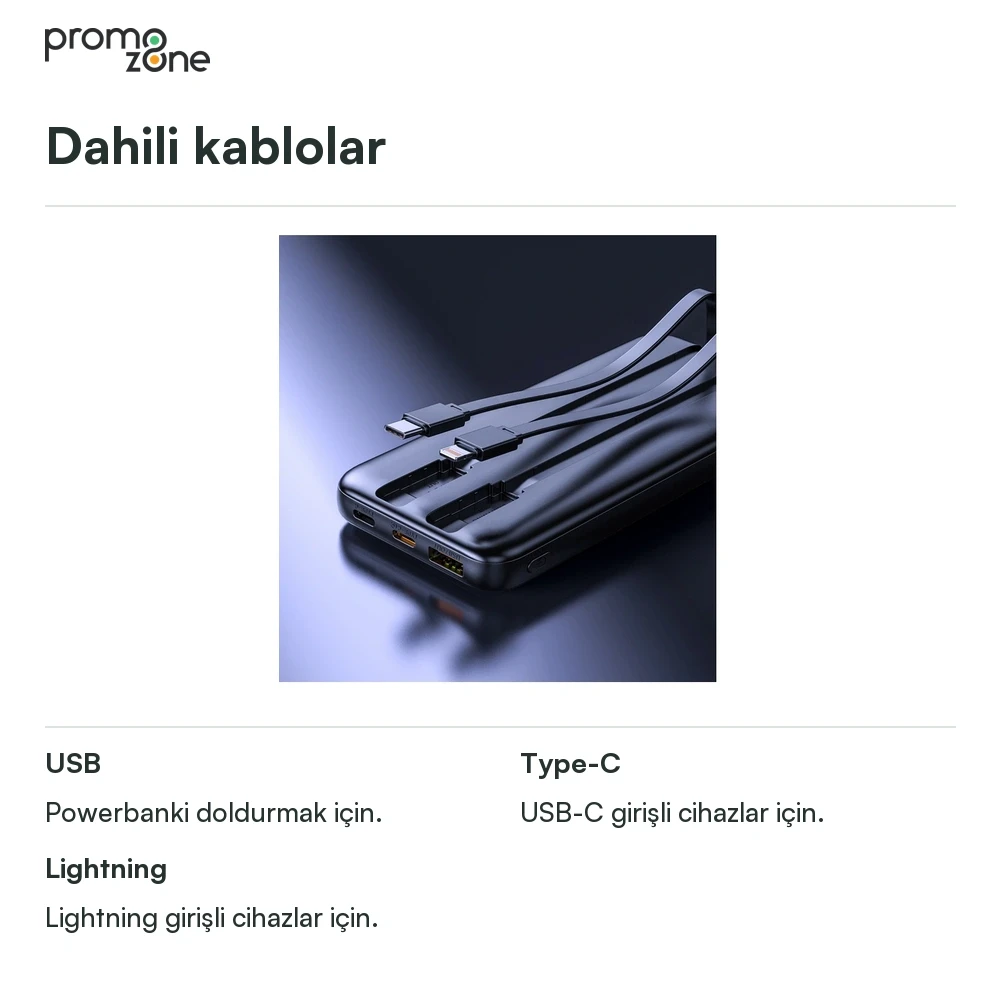 10000 mAh Dahili Kablolu Powerbank Şarj Cihazı Promozone
