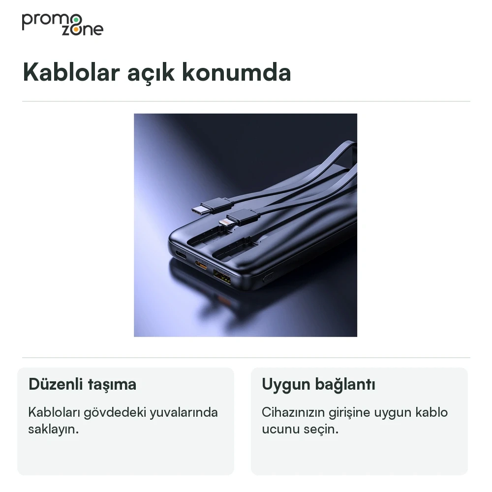 10000 mAh Dahili Kablolu Powerbank Şarj Cihazı Promozone