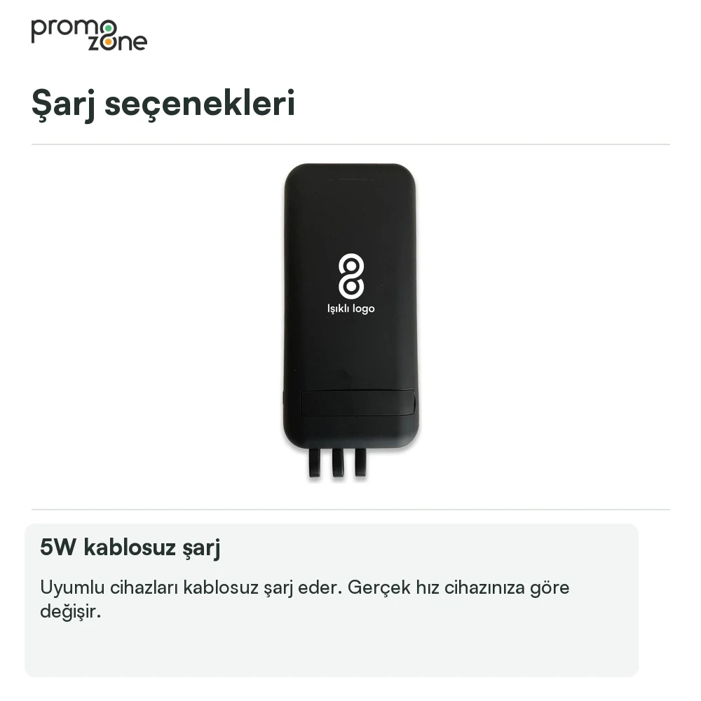 10000 mAh Dahili Kablolu Wireless Işıklı Logolu Powerbank  Şarj Cihazı Promozone