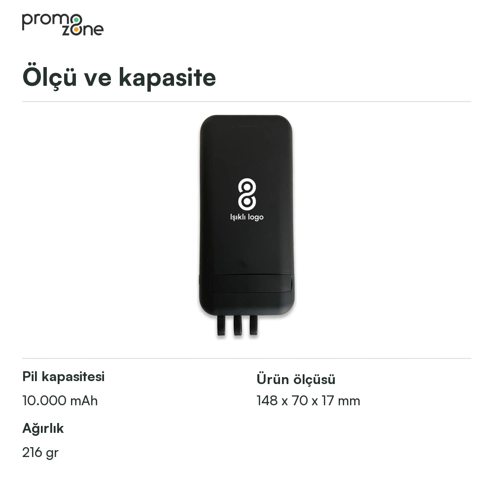 10000 mAh Dahili Kablolu Wireless Işıklı Logolu Powerbank  Şarj Cihazı Promozone