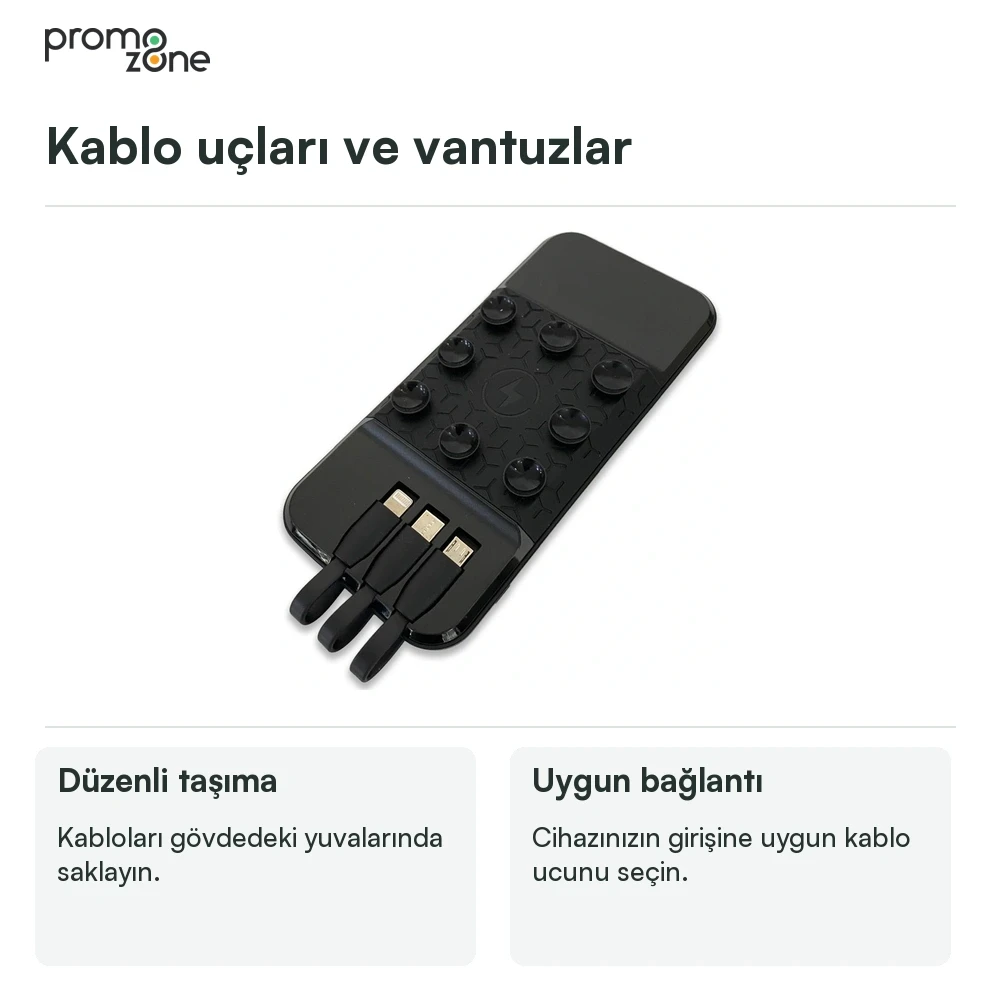 10000 mAh Dahili Kablolu Wireless Işıklı Logolu Powerbank  Şarj Cihazı Promozone